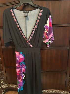 Roulette Black Midi Dress with Pink and Purple Floral Accents